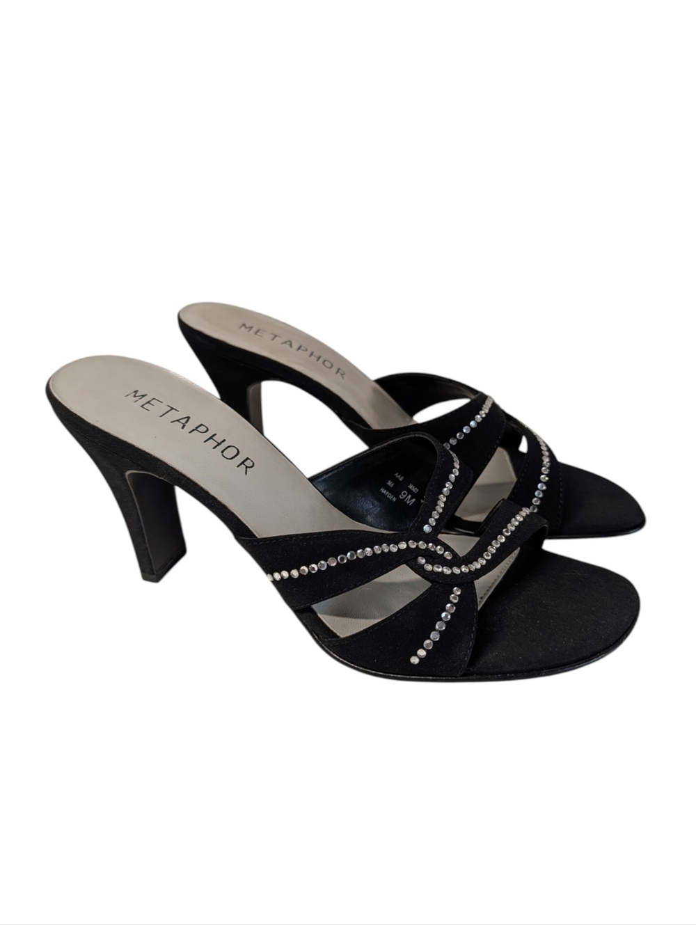 Metaphor Women's Black Rhinestone Strappy Slide Heels Sandles Wedding Size 9M
